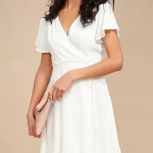 Sommer Hochwertige Damen Damen Lässig Elegante Weiße Wickel kleider Kunden spezifisches Logo-Kleid