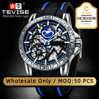 Montre mécanique automatique squelette de luxe TEVISE pour homme, sport, phases de lune, bracelet en silicone ajouré