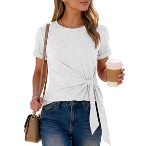 Womens Summer Short Sleeve Crewneck Tie Waist Blouse Casual Work Top Knitted Elastic <b>Wrap</b> Shirt - Product Image 1