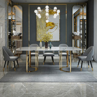 Table à manger moderne en acier inoxydable doré à la mode 6 places avec dessus en marbre pour la maison, l'hôtel, les meubles de salle à manger