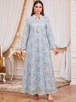 Robe longue maxi modeste pour adultes, col montant, broderie florale, sequins, polyester, pendentif à pompon, manches longues, col en V, style décontracté musulman