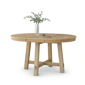Mesa de Comedor Redonda Extensible Estilo Rústico de 60 Pulgadas, Acabado Natural en Madera, Diseño Moderno, Muebles para el Hogar - Product Image 1
