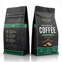 Sachet de café à fond plat imprimé sur mesure, noir mat, recyclable, avec valve de dégazage et fermeture éclair refermable, pour café en grains entiers et chewing-gum
