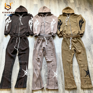 Ensemble sweat à capuche et pantalon évasé vintage vieilli avec broderie inversée personnalisée style streetwear - Product Image 1