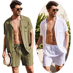 Set di costumi da bagno in cotone da <span class=keywords><strong>uomo</strong></span> in cotone e due pezzi tuta bianca abbinata alla camicia da spiaggia pantaloncini sportivi vestiti estivi - Product Image 1