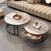 Nouvelle table basse ronde en marbre avec cadre en bois, rangement rétractable, mobilier moderne de luxe pour petits appartements