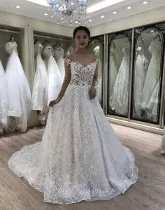 Gaun Pengantin Renda Tulle Lengan Panjang untuk Wanita, Gaun Pengantin Renda Sederhana Lembut untuk Wanita