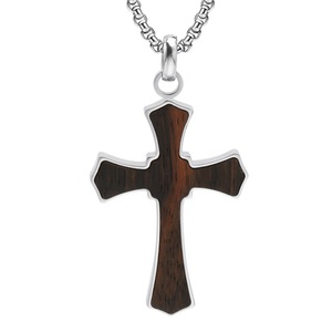 Collier pendentif TIZTI en bois d'ébène naturel et 1 pierre CZ incrustée, croix religieuse en acier inoxydable pour homme - Product Image 2