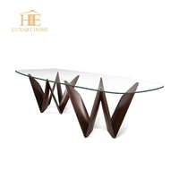 Table à manger moderne de luxe avec plateau en verre trempé, base en bois massif, table de salle à manger artistique sculpturale, table de cuisine, meubles pour la maison