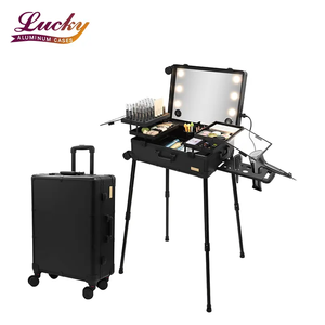 Custodia per trucco portatile con specchio a Led per l'artista del parrucchiere custodia cosmetica in alluminio nero - Product Image 1