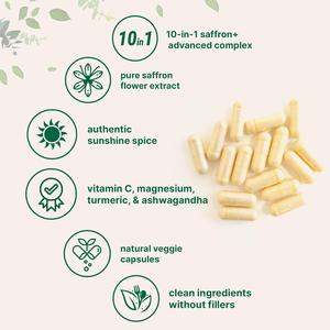 Capsules de <span class=keywords><strong>complexe</strong></span> avancé au safran 10 en 1 et <span class=keywords><strong>vitamine</strong></span> <span class=keywords><strong>C</strong></span>, magnésium, curcuma, ashwagandha – Capsules végétales naturelles aux ingrédients purs - Product Image 3