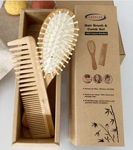 Set Sisir Bambu Organik Alami, Sisir & Sisir Rambut Buatan Tangan dengan Gigi Halus & Lebar