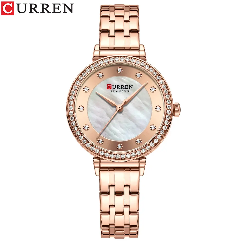 Curren 9087 Fashion Leisure Ladies Stainless Steel Quartz Watch with Diamond Case Bezel Mother of Pearl Dial