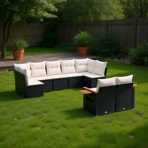 <b>Large</b> Garden Set PE Rattan Black Powder Coated Steel <b>Frame</b> Cream <b>White</b> Cushions Outdoor Furniture Contemporary Style 10+ Seating - Product Image 2