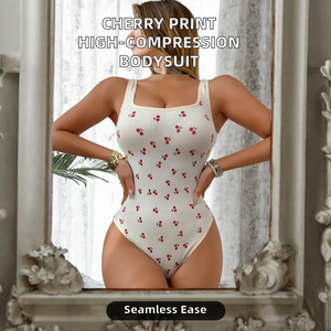 Cherry Print Seamless <b>Shapewear</b> Women Medium Control Ribbed Nylon Spandex Waist Trainer Hip Lifter Daily Wear - Product Image 2