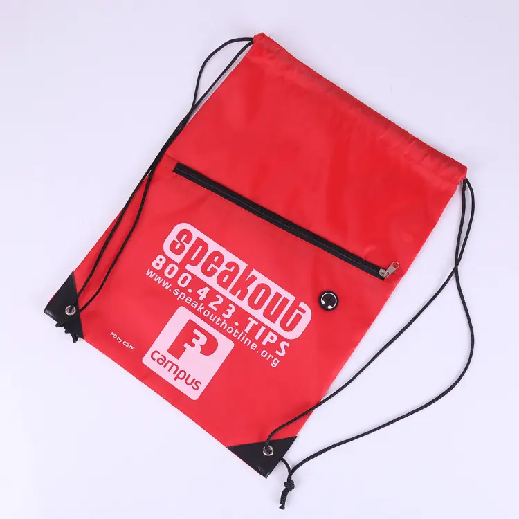 New Printed Waterproof String Backpacks Nylon Custom Logo Drawstring Sports Bag 210D Polyester With zipper pocket Earphone Hole