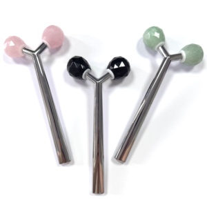 3D Jade Roller Facial Massage Tool Rose Quartz Black Obsidian Green Aventurine Metal Frame Portable Home Use - Product Image 4