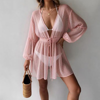 Robe de plage pour femme à pois suisses, manches longues bouffantes, col en V profond, taille à cordon, parfaite pour les vacances à la plage