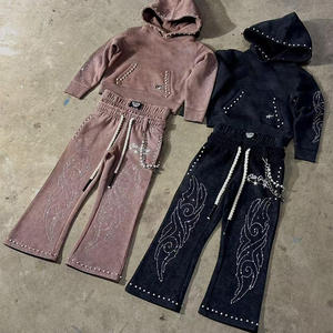 Conjunto de chándal de invierno para <span class=keywords><strong>hombre</strong></span> con lavado ácido personalizado, pedrería y perlas, pantalones de chándal acampanados de doble cintura y sudadera con capucha - Product Image 1