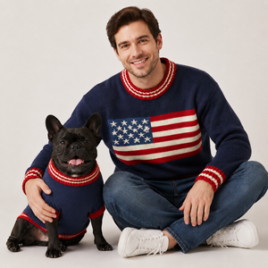 Suéter para Perro con Bandera Americana para el Día de la Independencia, Estilo <span class=keywords><strong>Bully</strong></span> Fit, Diseño Patriótico de Estrellas y Rayas, Ropa Tejida para Perros Frenchie y Bulldog - Product Image 1