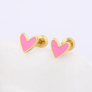 Cute Pink Heart Shape Plain Stud Earrings Gold Colorful Enamel Stainless Steel Jewelry For Children Women Girls