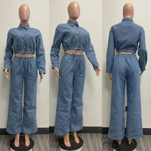ZHEZHE moda autunno abbigliamento donna <span class=keywords><strong>Boutique</strong></span> Street Wear manica lunga in Denim Cropped top e pantaloni dritti Set 2 pezzi - Product Image 2