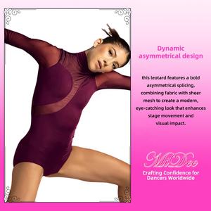 Justaucorps de danse MiDee pour adultes, pour compétitions de ballet, avec col montant, manches longues, dos évidé et empiècements asymétriques - Product Image 3