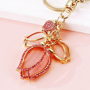 Trendy Women Rhinestone Diamond Tulip Floral <b>Key</b> <b>Chain</b> Pink White Opal Tulip Flower Pendant Keychain - Product Image 5