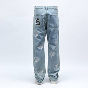 Customizable High Quality Streetwear <strong>Jeans</strong> with Heart Embroidery, Loose Straight Leg <strong>Denim</strong> Pants for Men &amp; Women - Product Image 2