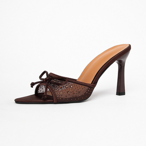 Chaussures à talons hauts noires à bout carré pour femmes, sandales <span class=keywords><strong>mules</strong></span> sexy en maille avec strass, idéales pour les rendez-vous et les soirées - Product Image 2