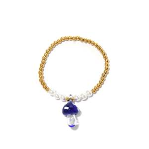 Pearl <b>Bracelet</b> With Blue Mushroom Charm PVD <b>Gold</b> Plated 316L Stainless Steel Sustainable Design - Product Image 1