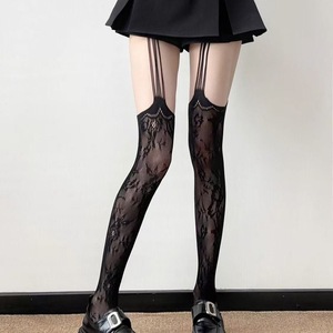 Black Lace Over The Knee Stockings 15D Ultra Thin Transparent Women's Fishnet Y2K Style Suspender Socks - Product Image 2