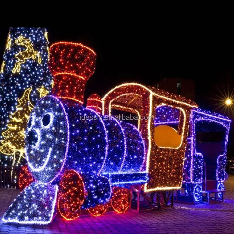 Set Kereta Natal Lampu 3D Luar Ruangan, untuk Pertunjukan Lampu Natal Taman Hiburan Kelas Komersial