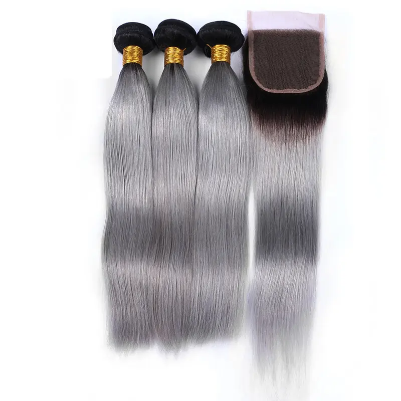 ombre platinum gray straight hair bundles silver virgin Brazilian ombre human hair with closure