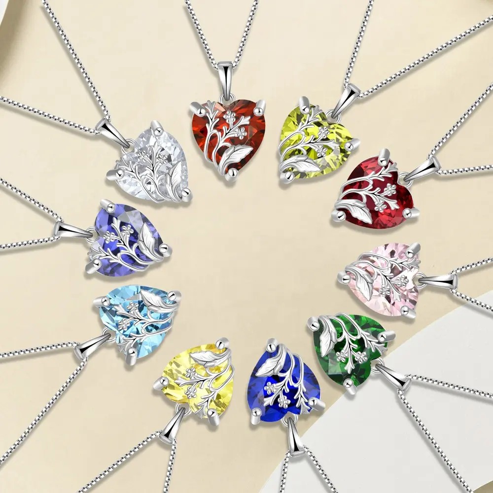 Wholesale custom sterling silver colors birthstone rhinestone crystals gemstones rainbow diamond pendants Heart necklace jewelry