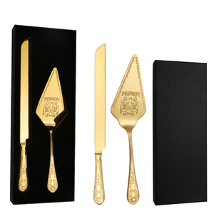 Spatula pisau kue pernikahan besi tahan karat emas mewah 18/10 Set 2 buah pisau pemotong kue piring Pie untuk tas OPP - Product Image 3