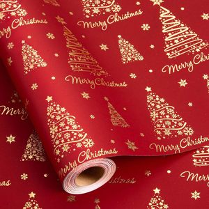 Red Christmas Wrapping Paper Roll 17in x 32.8ft Gold Foil Trees And Letters Gift <b>Wrap</b> For Holiday Celebration - Product Image 1