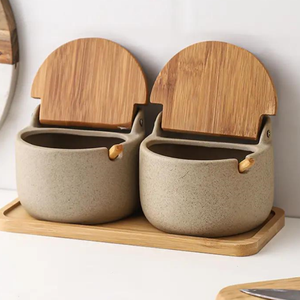 Bol à sucre en céramique de style <span class=keywords><strong>japonais</strong></span> minimaliste moderne avec cuillère et couvercle en bambou, bol à sel pour assaisonnement, vaisselle de cuisine élégante, pain - Product Image 2