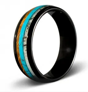 High Polished Black Tungsten Men Ring Inlay Whisky Barrel Oak Wood Crushed Turquoise and Dear Antler Best Gift Ring for Men