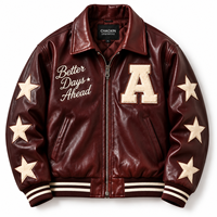 Blouson Bomber Varsity Homme en Similicuir Bordeaux Personnalisé OEM, Broderie Étoile Vintage, Fermeture Éclair, Style Racing, Faible MOQ