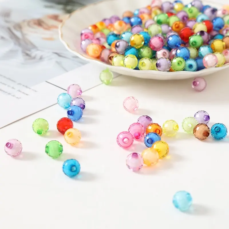 Penjualan terlaris grosir manik-manik akrilik segi bulat warna-warni dalam manik-manik untuk DIY kerajinan perhiasan membuat manik-manik plastik