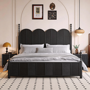 Premium Black Solid Wood Bed Frame French Vintage Multi-arched Panel Carved Headboard Turned Post Bedroom Furniture Stable Home - Product Image 3