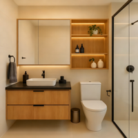 Ensemble de meuble-lavabo de salle de bain en bois massif mural personnalisé BALOM avec miroir LED et rangement multi-niveaux, design imperméable