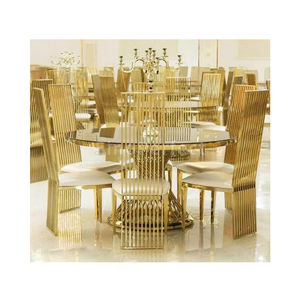 Silla de Comedor de Diseño Elegante con Cojín de Cuero de Lujo, Marco Dorado y Decoración de Acero Inoxidable para Banquetes de Boda - Product Image 1