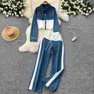 Casual Autumn Woven 2-Piece Set for Women <b>Top</b> and High Waist <b>Patchwork</b> Midi Denim Jogging Suits Wholesale - Product Image 3
