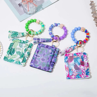 Gantungan Kunci Pemegang Kartu Kredit Dompet Koin Kulit dengan Ritsleting Dompet Kulit Bermotif Bunga Gelang Manik Silikon Rumbai Gantungan Kunci