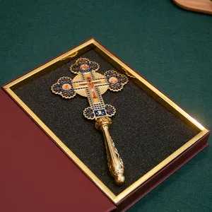 HTハンドヘルドプリーストクロス正教十字架エルサレムクリスチャンビショップゴールドメッキ聖地正教十字架の聖職者