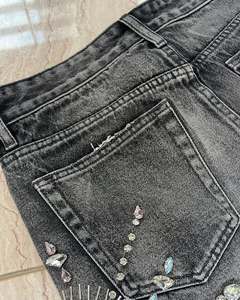 <span class=keywords><strong>Pantaloncini</strong></span> in Denim Vintage da <span class=keywords><strong>Uomo</strong></span> con Doppio Ginocchio, Lavaggio Acido, Vita Media, Decorati con Strass, Casual Estivi - Product Image 4