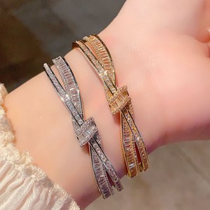 <b>Copper</b> Alloy Crisscross Bow <b>Bracelet</b> Gold And White Zircon Embellished Women's Jewelry Gift - Product Image 2