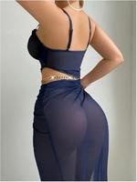 Set Lingerie Wanita Seksi Dua Potong, Bra Lace, Rok Maxi Belahan Tinggi, Gaun Tidur Transparan Bahan Mesh, Grosir Custom OEM